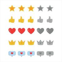 Rating icons. Vector set of symbols in a simple flat style for assessing the quality of products and services. A set of elements such as stars, hearts, crowns, big thumbs up.