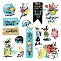 Set of hand drawn watercolor ribbons and stickers of summer. Vector illustrations for summer holiday, travel and vacation, restaurant and bar, menu, sea and sun, beach vacation and party.
