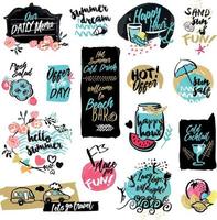 Set of hand drawn watercolor labels and badges of summer. Vector illustrations for summer holiday, travel and vacation, restaurant and bar, menu, sea and sun, beach vacation and party.