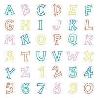 Cute Children Kids Font Letter Cartoon Style Hand Drawing Drawn Colorful All Cap English Alphabet Numeric Number Character Thick Doodle Outline Set Collection isolated vector illustration Background
