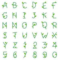 Cute Environmental Green Eco Environment Day Leaf Font Letter Cartoon Style Hand Drawing Drawn Small Line English Alphabet Numeric Number Character Doodle Set Collection isolated vector illustration