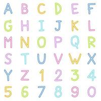 Cute Children Kids Font Letter Cartoon Style Hand Drawing Drawn Colorful All Cap English Alphabet Numeric Number Character Thin Line Doodle Set Collection Neon isolated vector illustration Background