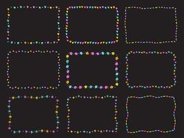 Cute Neon Abstract Heart Flower Valentines Day Rectangle Doodle Free Hand Drawing Drawn Line Borders Frames Wreath Plate Set Collection Flat Style Rainbow Colorful Black Background Vector Illustration