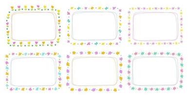 Cute Abstract Daisy Flower Rectangle Doodle Free Hand Drawing Drawn Line Borders Frames Wreath Plate Set Collection Flat Style Rainbow Colorful Background Vector Illustration Pack