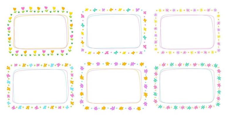 Cute Abstract Daisy Flower Rectangle Doodle Free Hand Drawing Drawn Line Borders Frames Wreath Plate Set Collection Flat Style Rainbow Colorful Background Vector Illustration Pack