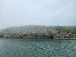 rocky shore and trees and and lobster floaters in Maine photo