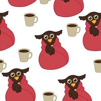 Repetitive owl wrapped in red plaid and cup of coffee on white background. Vector illustration can be used for printing on clothing banners posters as design element