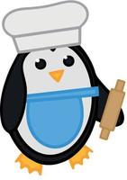 Cute penguin in chefs cap with vest and rolling pin. Vector illustration. Image of penguin isolated on white background