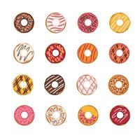 varias opciones para donas en un patrón de glaseado y con chispas. conjunto de diferentes anillos de aislamiento sobre fondo blanco. ilustración vectorial vector