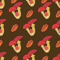 Autumn pattern with amanita and red leaves. Vector illustration. Image isolated on brown background. Design element for packaging fabrics clothing postcards sites