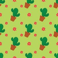 Seamless pattern with potted cacti and flowers. Cacti isolated on colorful green background. Vector illustration. Design element for packages of menu postcards posters decor fabric printing sites