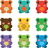 Set of various colored frogs. Multicolored exotic frogs. Collection of frogs isolated on white background. Vector illustration. Design element for sites menu banners brochure posters