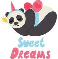 Adorable panda in unicorn fairy costume with magic wand in its paws. Image is isolated on white background with inscription. Vector illustration. Design element