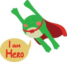 Frog flying in superhero cloak and next to it inscription in speech balloon. Vector illustration. Design element isolated on white background