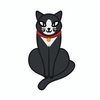 Black and white cat with red collar is sitting. Image is isolated on white background. Vector illustration