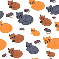 Different kitties and toy mice on a white background. Ginger striped gray and spotted brown cats. Vector illustration. Seamless pattern
