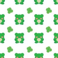 Concept of cute frog pattern. Repeating joyful frogs and green flowers. White background. Vector illustration. Design element