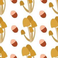 Autumn pattern with mushrooms and acorns on white background. Vector illustration can be used for printing on fabric postcards wrapping paper and as design element for themed products