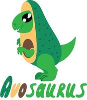 dinosaurio divertido con traje de aguacate. ilustración vectorial aislada sobre fondo blanco con inscripción colorida vector