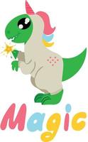 Adorable dinosaur in kigurumi unicorn and magic wand on white background and inscription. Vector illustration. Design element