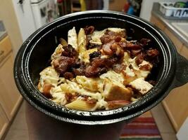 hand holding bowl of pasta with cheese and chicken and bacon photo