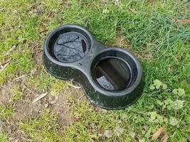 black plastic dog water bowl on green grass photo