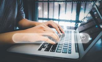 SEO Search engine optimization, Search technology, women's hands using a computer keyboard to search for information, using websites search bar to find the desired information or shopping online. photo