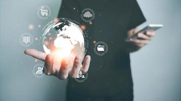 Concept global data connection with internet technology, users are using smartphone for online transactions by internet technology, big data, database management, cloud computing, cashless society. photo