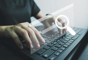 SEO Search engine optimization, Search technology, women's hands using a computer keyboard to search for information, using websites search bar to find the desired information or shopping online. photo