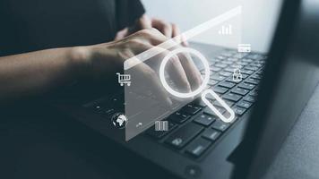 SEO Search Engine Optimization, Searching for information on Internet with PC, using website search bar to find the desired data, global data connection, shopping online, database storage system. photo