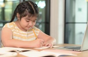 Asian girls are studying in tutoring, studying online at home, girls are bored and tired from tutoring. photo
