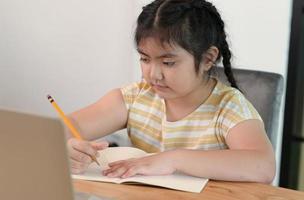 las chicas asiáticas están estudiando en tutoría, estudiando en línea en casa, las chicas están aburridas y cansadas de la tutoría. foto