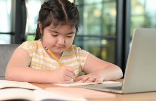 Asian girls are studying in tutoring, studying online at home, girls are bored and tired from tutoring. photo
