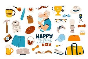Happy Father's day cute icons and design elements set, dad with baby son, male clothes, accessories, hobby items. Colored flat vector illustration isolated on white background