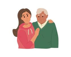 Portrait of an adult daughter and her elderly gray-haired father. Happy family members hug and feel love for each other. Healthy family relationships. Flat vector illustration