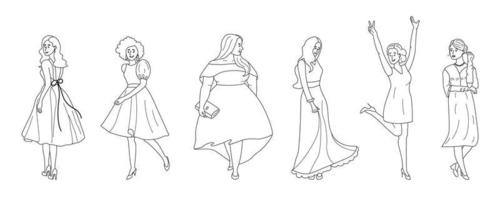 Stylish young women wearing prom dresses set. Girls in evening outfits in line sketch style. Female graduation party apparel. Outline vector illustration isolated on white background