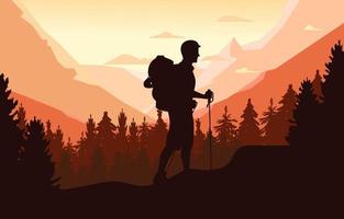 Silhouette of Man Hiking on Forest Background vector