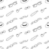 Father's Day holiday seamless pattern with doodle mustache, bow tie, glasses, hat smoking pipe and watch. Hand drawn male items vector illustration