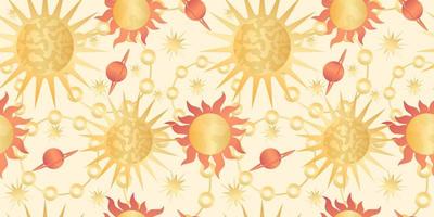 Star celestial seamless pattern with sun and planet. Magical astrology in vintage boho style. Golden sun with rays and moon phase. Vector illustration.