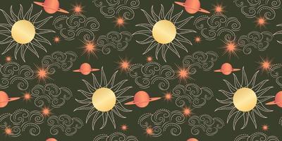 Star celestial seamless pattern with sun and constellations. Magical astrology in vintage boho style. Golden sun with rays, clouds and planets. Vector illustration.