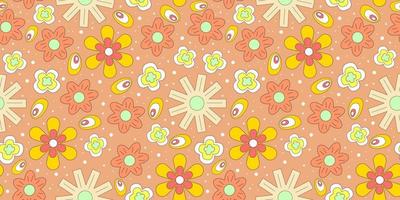 Seamless pattern with retro flowers 70. Psychedelic groovy geometric pattern with flowers. Daisy for hippie background. Flat vector illustration. Psychedelic wallpaper