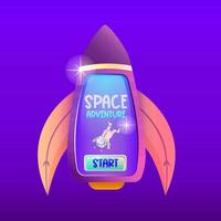 Game ui interface screen panel in the shape of a rocket for buttons or greetings. UI design for mobile app in the form of a spaceship. Cartoon vector illustration