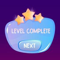 Level is completed on the panel for the game ui interface. Screen with achievements and stars with a button for mobile applications. Cartoon vector illustration Game frame