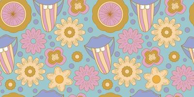 Groovy y2k retro seamless pattern with flower, lips. Retro vector illustration. Groovy flower background. Colorful hippie seamless pattern illustration.