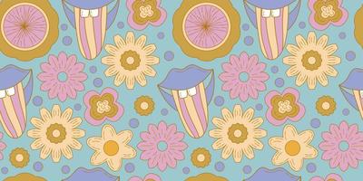 Groovy y2k retro seamless pattern with flower, lips. Retro vector illustration. Groovy flower background. Colorful hippie seamless pattern illustration.