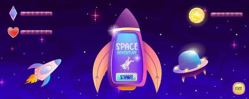 Space game ui main screen with buttons, start and download. Screen with rocket, indicators of heart, crystals and coins, flying astronaut alien. Cartoon vector illustration for app game menu