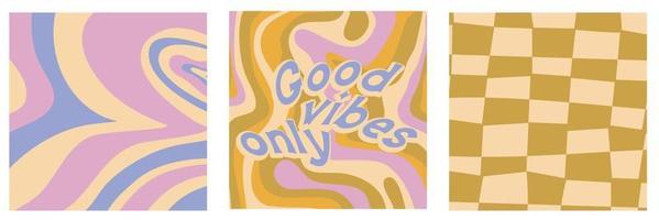 Set groovy retro poster with flower, quotes and abstract. Hippie slogan good vibes only and psychedelic background in set. Retro groovy vector illustration.