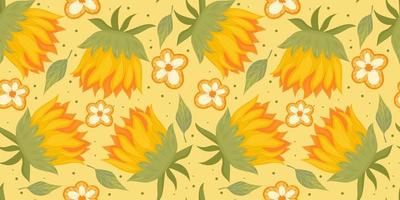 Sunflower seamless pattern with flower, leaf. Cartoon yellow illustration. Floral seamless pattern. Summer bright floral design. Vector illustration