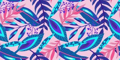 Neon tropic floral seamless pattern on pink background. Floral neon for bright summer design. Tropic jungle in abstract style on pink background vector