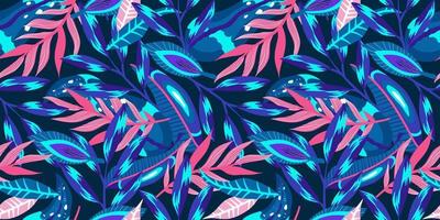 patrón transparente floral tropical de neón sobre fondo oscuro. neón floral para un diseño de verano brillante. selva tropical en estilo abstracto sobre fondo morado.
